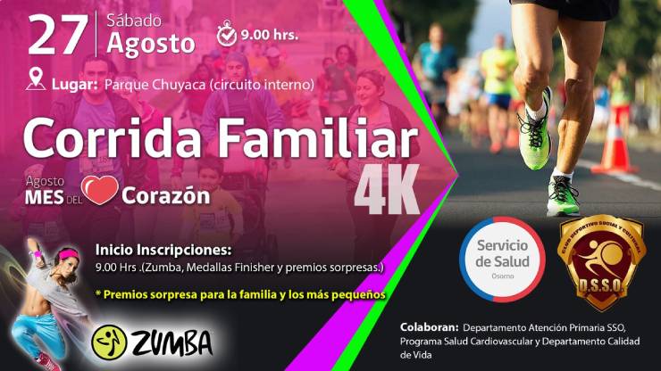 Invitan a corrida familiar por el Mes del Corazón en parque Chuyaca de Osorno